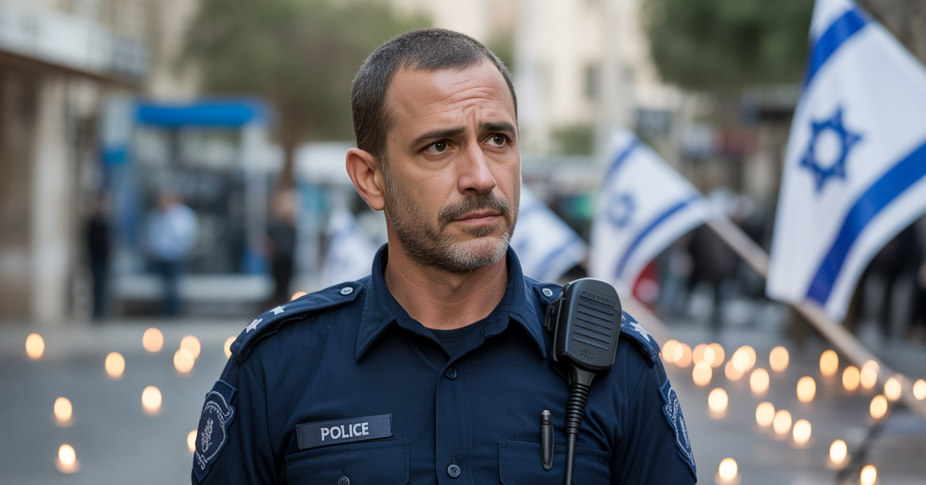 שוטר ישראלי עומד ברחוב, ברקע דגלי ישראל ונרות זיכרון